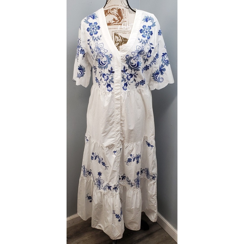 Johnny Was Alegra Poplin Dress Womens Large Blue White Embroidered Floral V-Neck